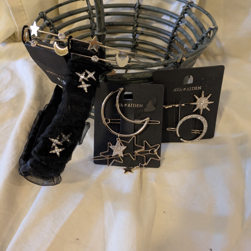 6pc Gold & Black Moon & Star Celestial Hair Accessories Hair Clips, Headbands